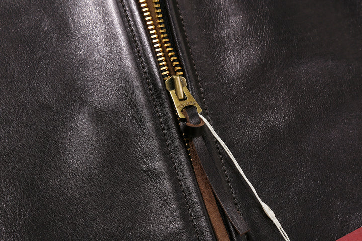 Deluxeware D-21B Single Riders Horsehide Leather Jacket - Tea-Core Black Waldes Brass Front Zipper