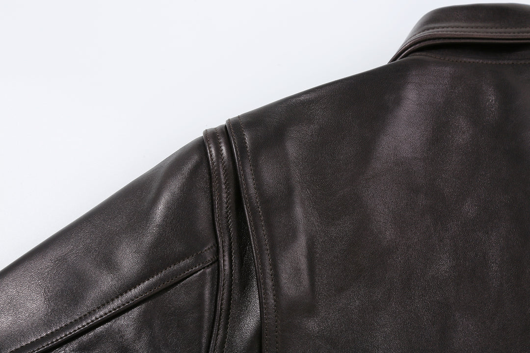 Deluxeware D-21B Single Riders Horsehide Leather Jacket - Tea-Core Black Action Pleat Detail