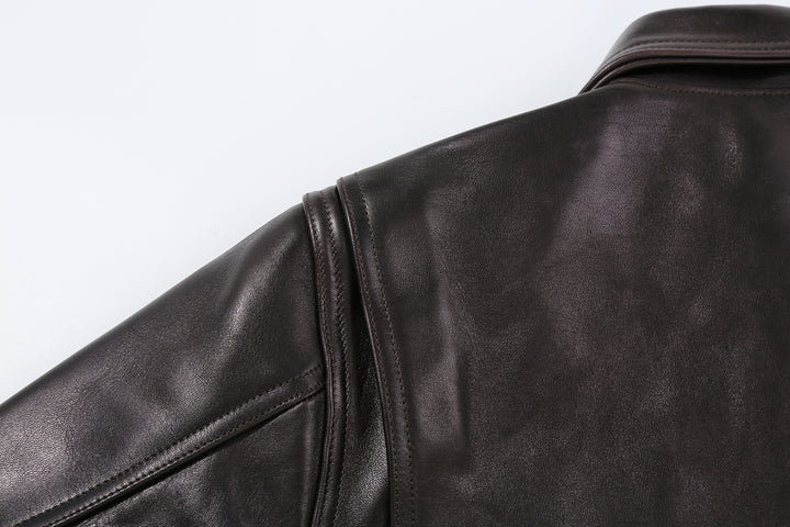 Deluxeware D-21B Single Riders Horsehide Leather Jacket - Tea-Core Black Action Pleat Detail