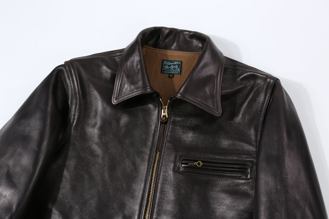 Deluxeware D-21B Single Riders Horsehide Leather Jacket - Tea-Core Black Collar and Chest Pocket Detail