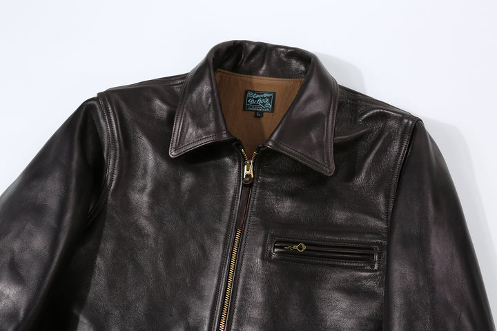 Deluxeware D-21B Single Riders Horsehide Leather Jacket - Tea-Core Black Collar and Chest Pocket Detail