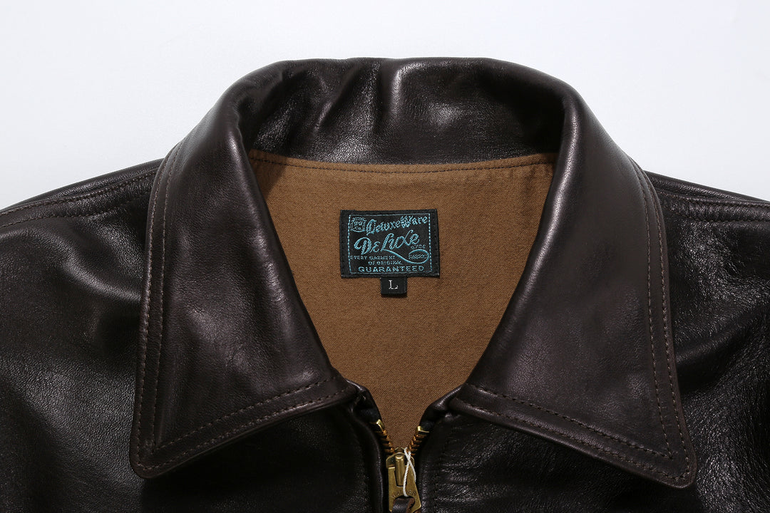 Deluxeware D-21B Single Riders Horsehide Leather Jacket - Tea-Core Black Collar and Deluxeware Label
