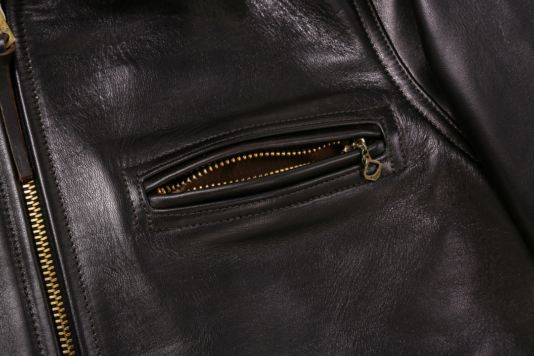 Deluxeware D-21B Single Riders Horsehide Leather Jacket - Tea-Core Black Zipped Chest Pocket