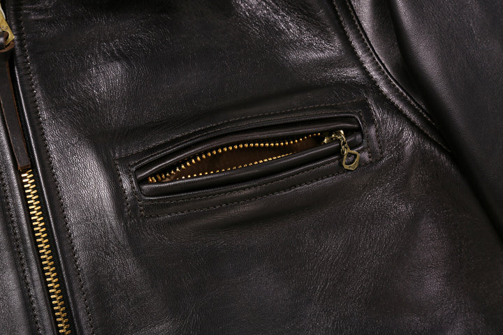 Deluxeware D-21B Single Riders Horsehide Leather Jacket - Tea-Core Black Zipped Chest Pocket