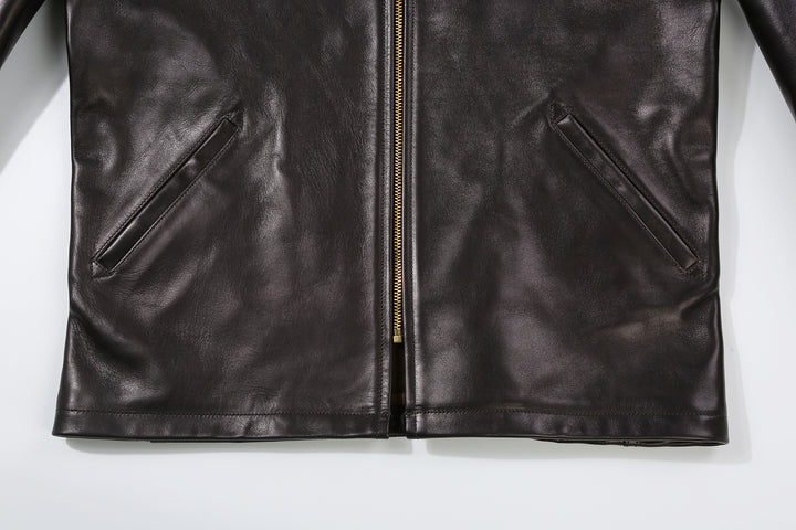 Deluxeware D-21B Single Riders Horsehide Leather Jacket - Tea-Core Black Pockets and Front Hem Detail
