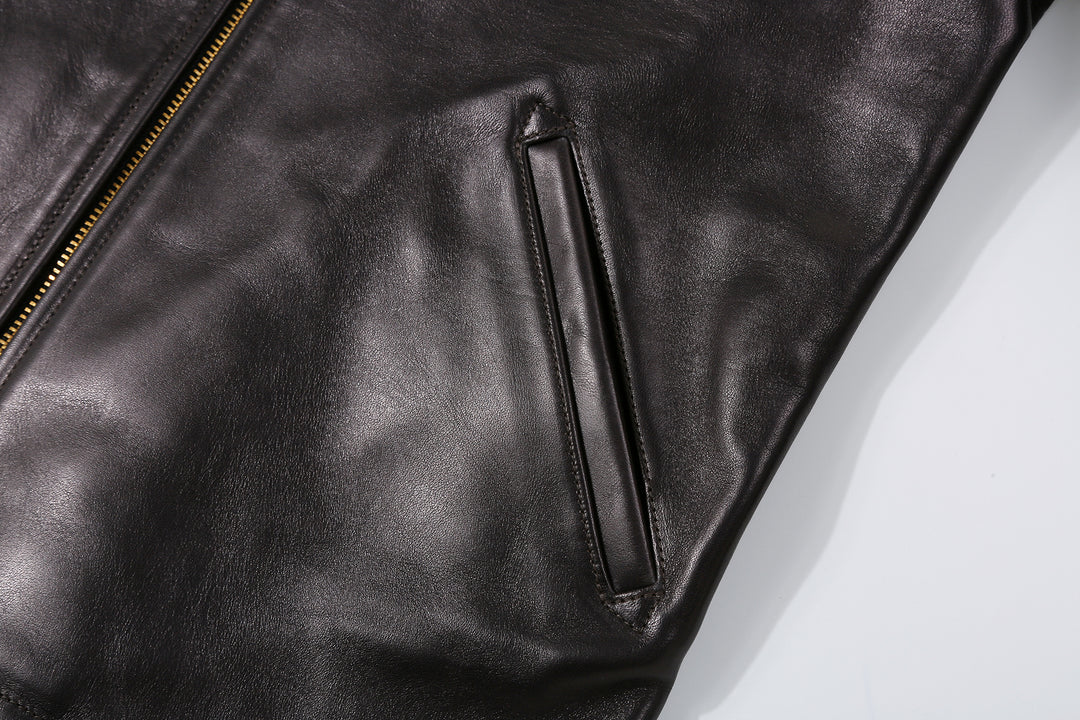 Deluxeware D-21B Single Riders Horsehide Leather Jacket - Tea-Core Black Hand Pocket Detail