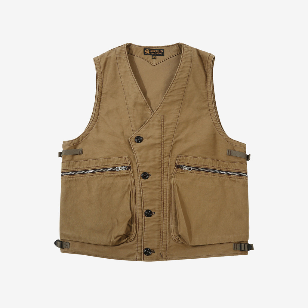 Freewheelers 2421004 Speed Engineer Moleskin Sleeveless Coat in Camel – Front View