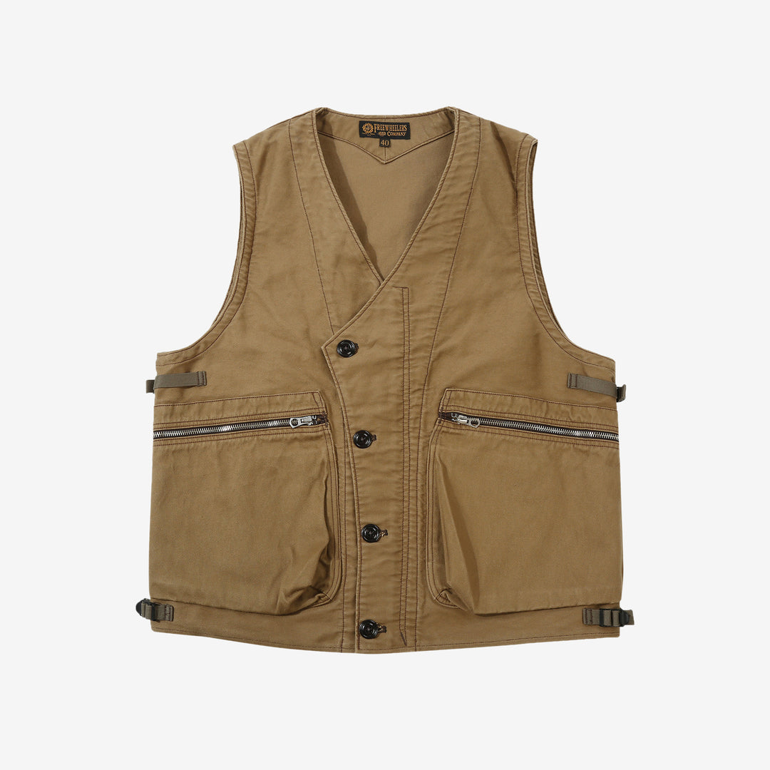 Freewheelers 2421004 Speed Engineer Moleskin Sleeveless Coat in Camel – Front View
