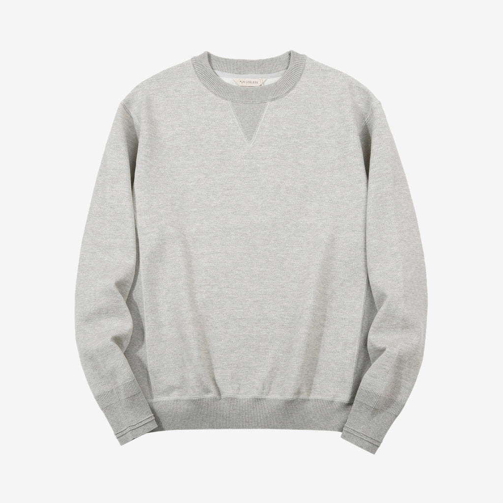 Un-Useless 170401 inlay knit crew neck sweatshirt made in Japan cotton knit grey front view