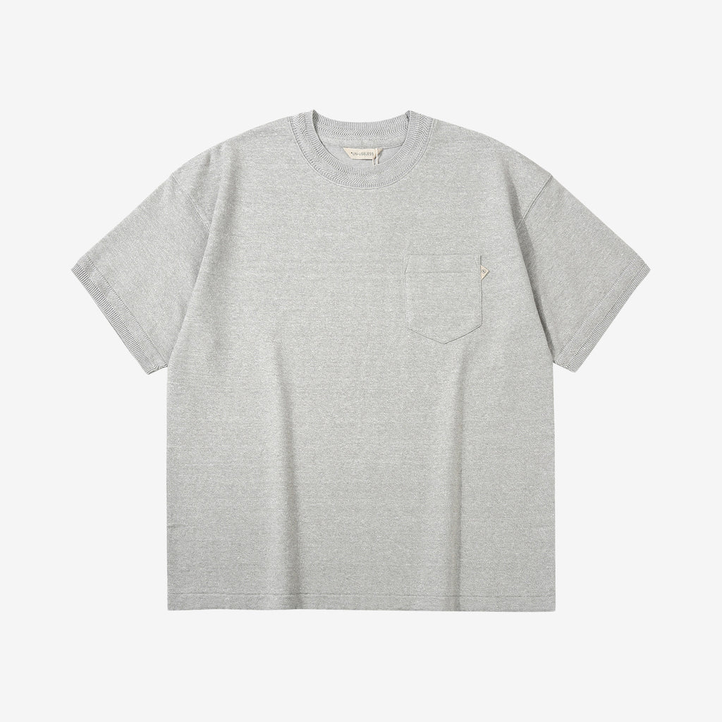 Un-Useless 170205 linen KNITEE short sleeve crew neck pocket knit T-shirt made in Japan grey front view
