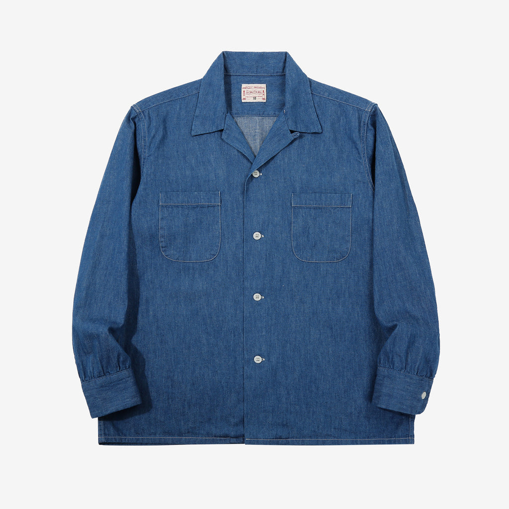 Boncoura Cotton Linen Open Collar Shirt in Light Indigo – Front View