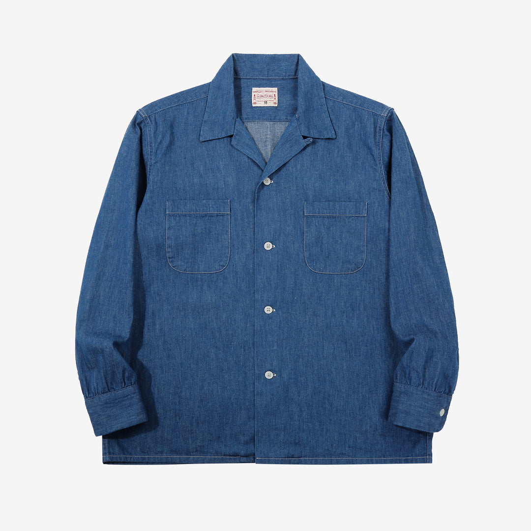 Boncoura Cotton Linen Open Collar Shirt in Light Indigo – Front View