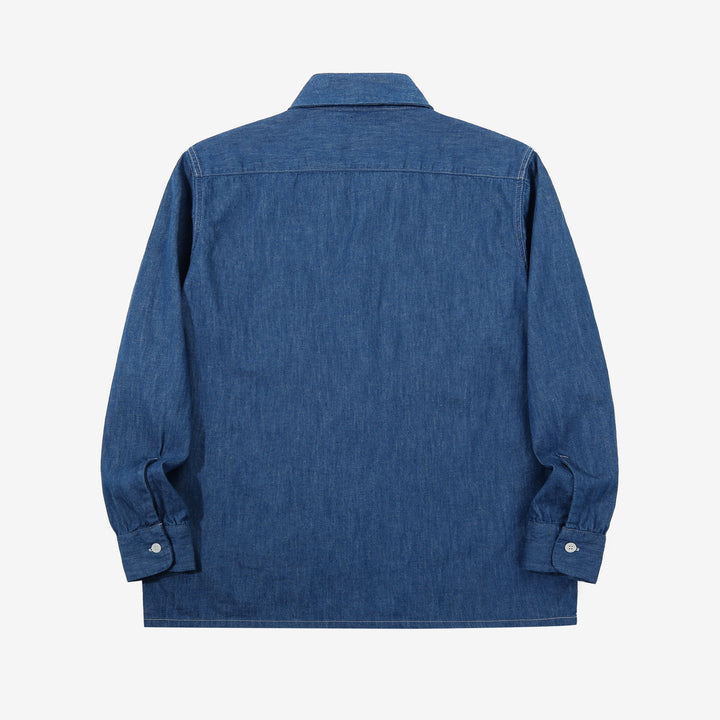 Boncoura Cotton Linen Open Collar Shirt in Light Indigo – Back View