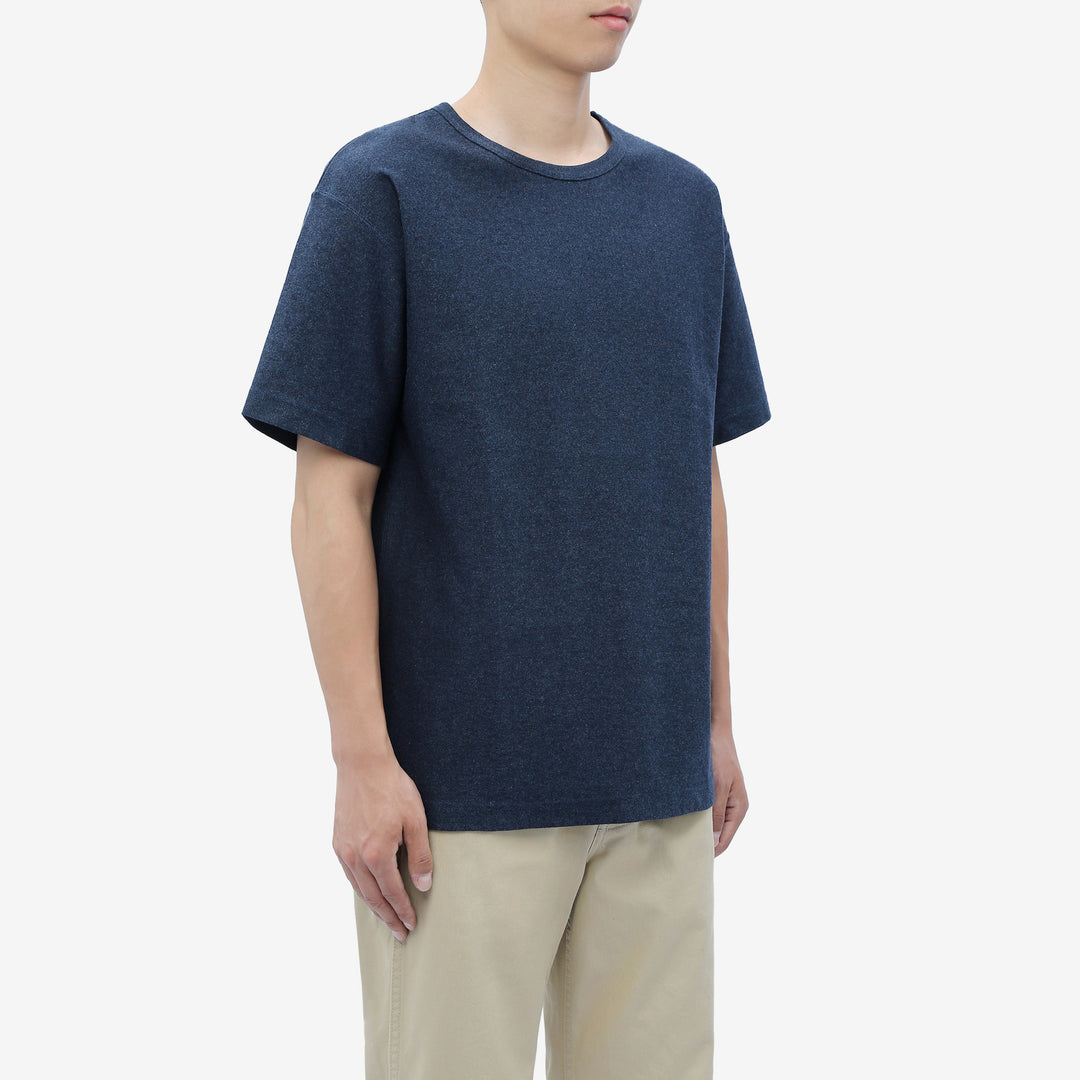 Boncoura reverse-face heather indigo T-shirt three-quarter fit view