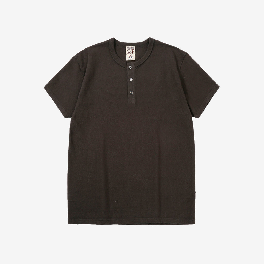 Samurai Jeans SJST-SC02 Samurai Cotton Henley Neck T-Shirt Made in Japan Front View Kurromame