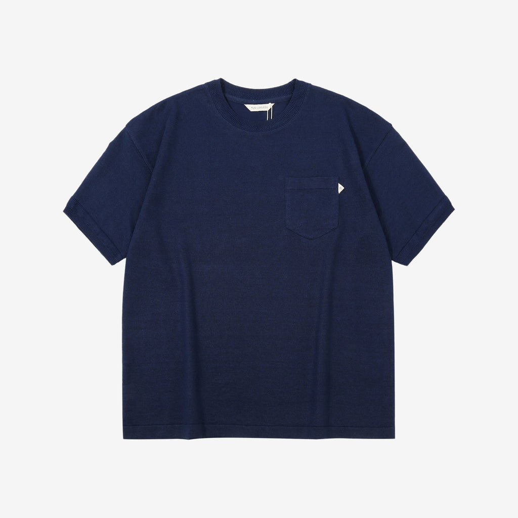 Un-Useless 170205 linen KNITEE short sleeve crew neck pocket knit T-shirt made in Japan navy front view