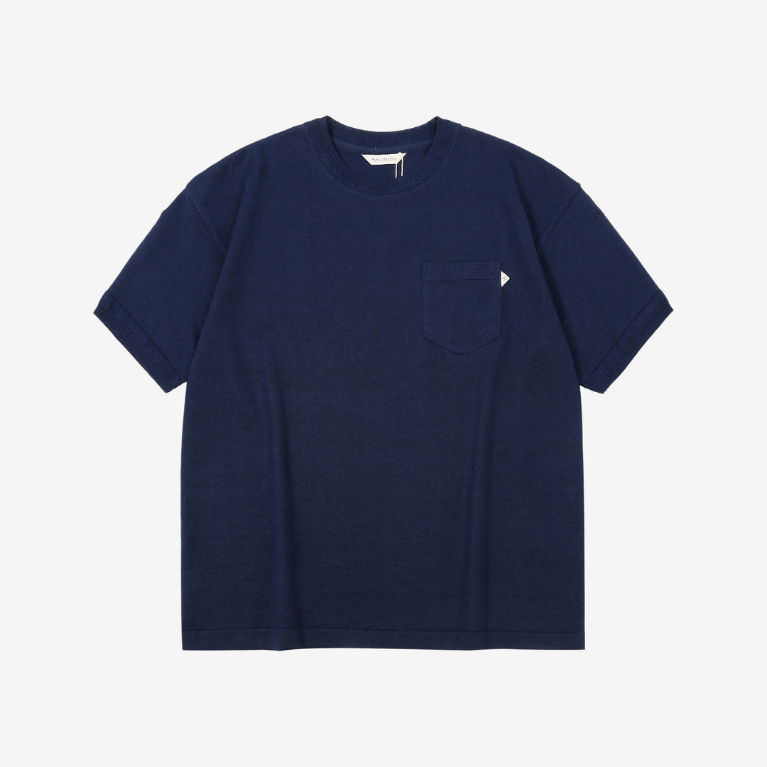 Un-Useless 170205 linen KNITEE short sleeve crew neck pocket knit T-shirt made in Japan navy front view