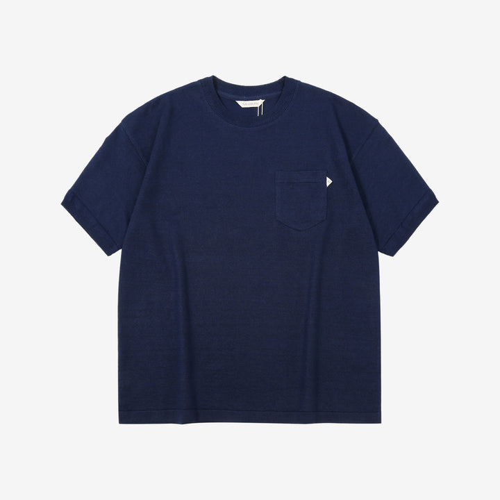 Un-Useless 170205 linen KNITEE short sleeve crew neck pocket knit T-shirt made in Japan navy front view