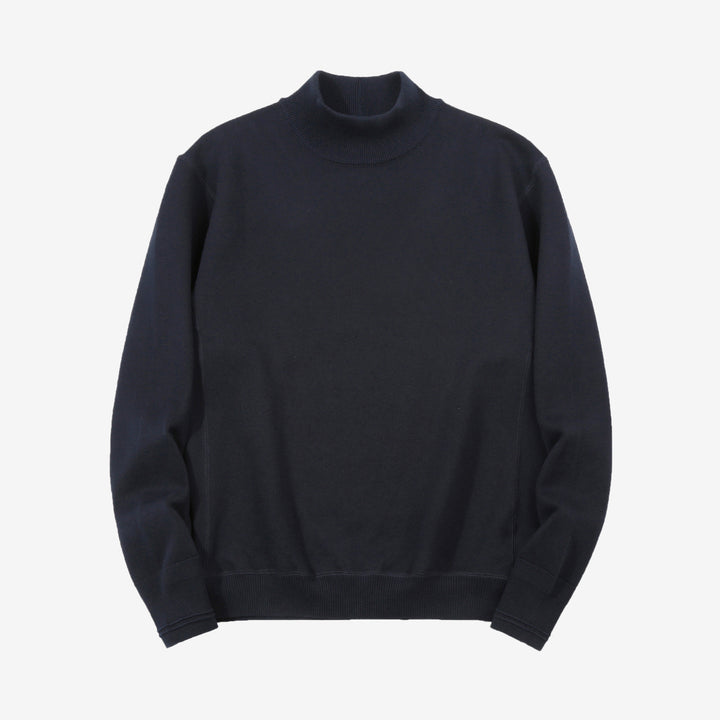 Un-Useless 170402 inlay knit mock neck sweatshirt made in Japan cotton knit navy front view