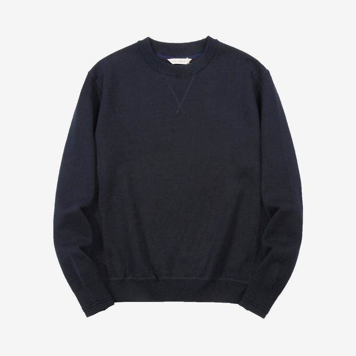 Un-Useless 170401 inlay knit crew neck sweatshirt made in Japan cotton knit navy front view