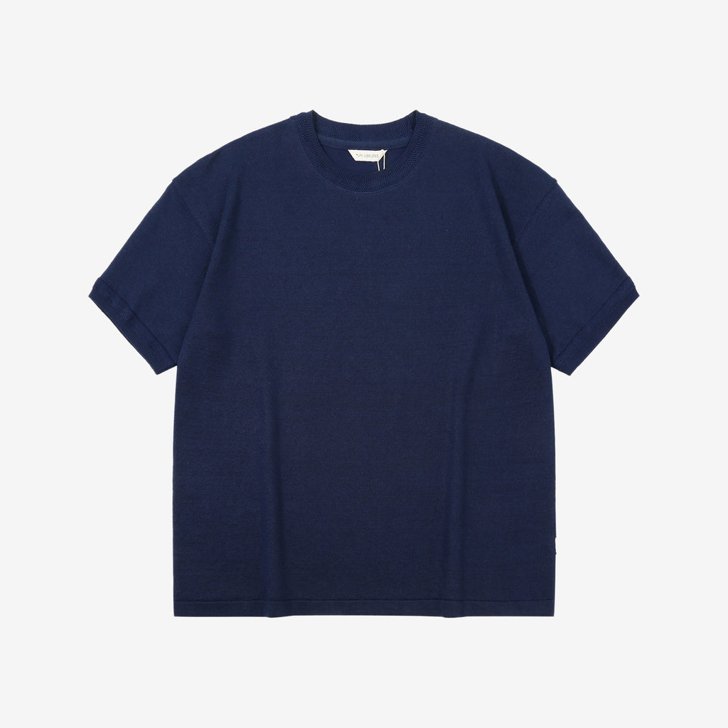 Un-Useless 170204 linen KNITEE short sleeve crew neck knit T-shirt made in Japan navy front view