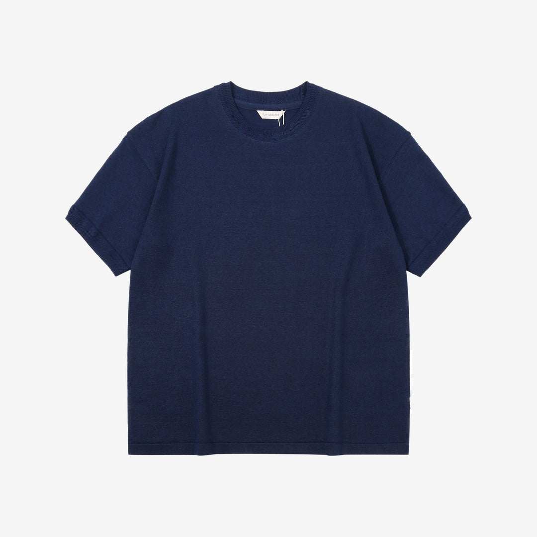 Un-Useless 170204 linen KNITEE short sleeve crew neck knit T-shirt made in Japan navy front view