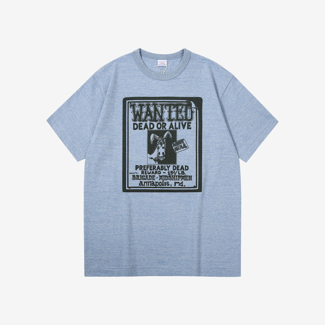 Warehouse Lot 4096 88/12 cotton rayon graphic T-shirt short sleeve crew neck made in Japan heather fabric navy front view