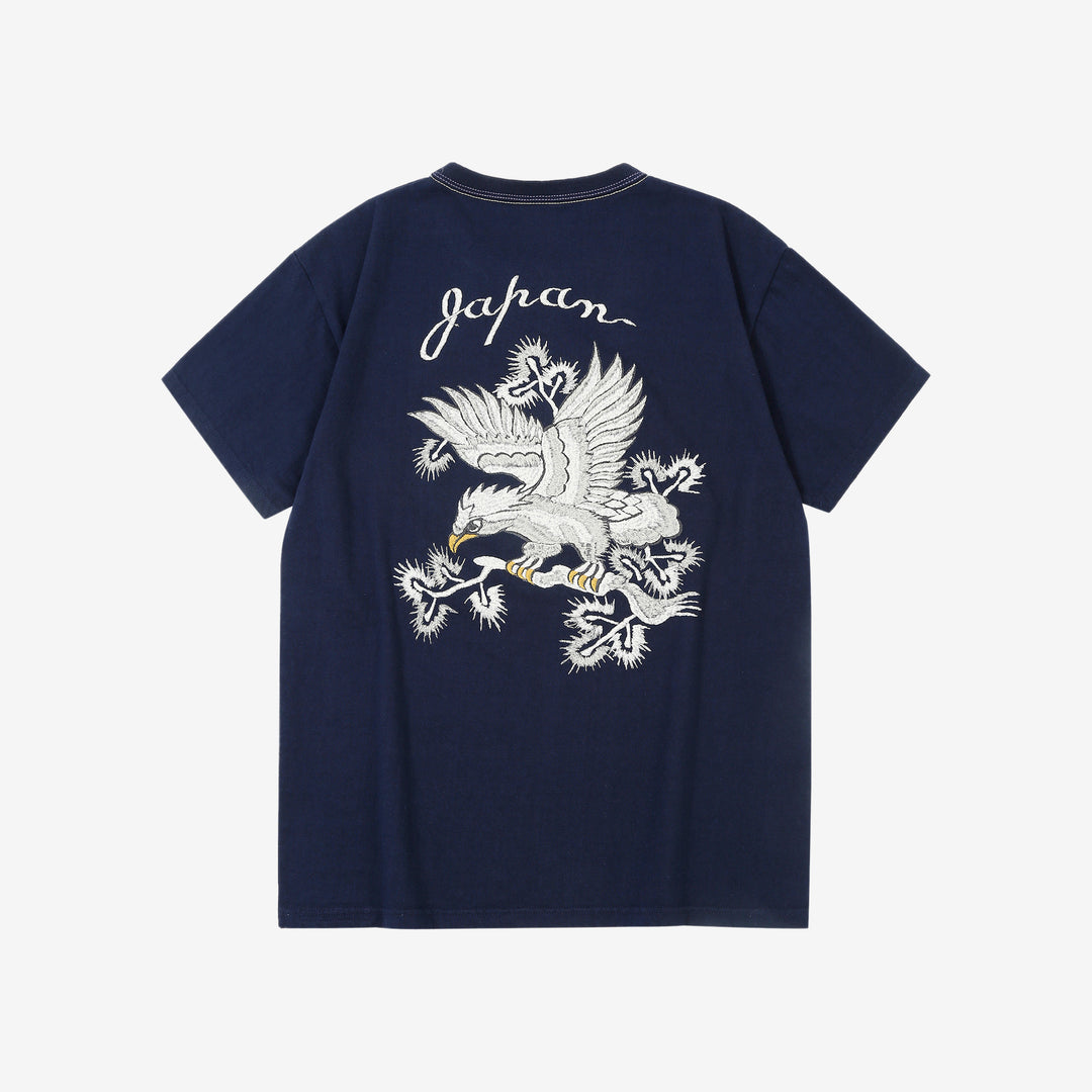 The Flat Head FN-THC-054SP eagle embroidery style print T-shirt navy back view