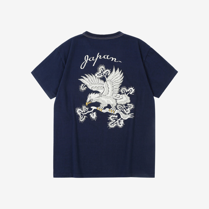 The Flat Head FN-THC-054SP eagle embroidery style print T-shirt navy back view