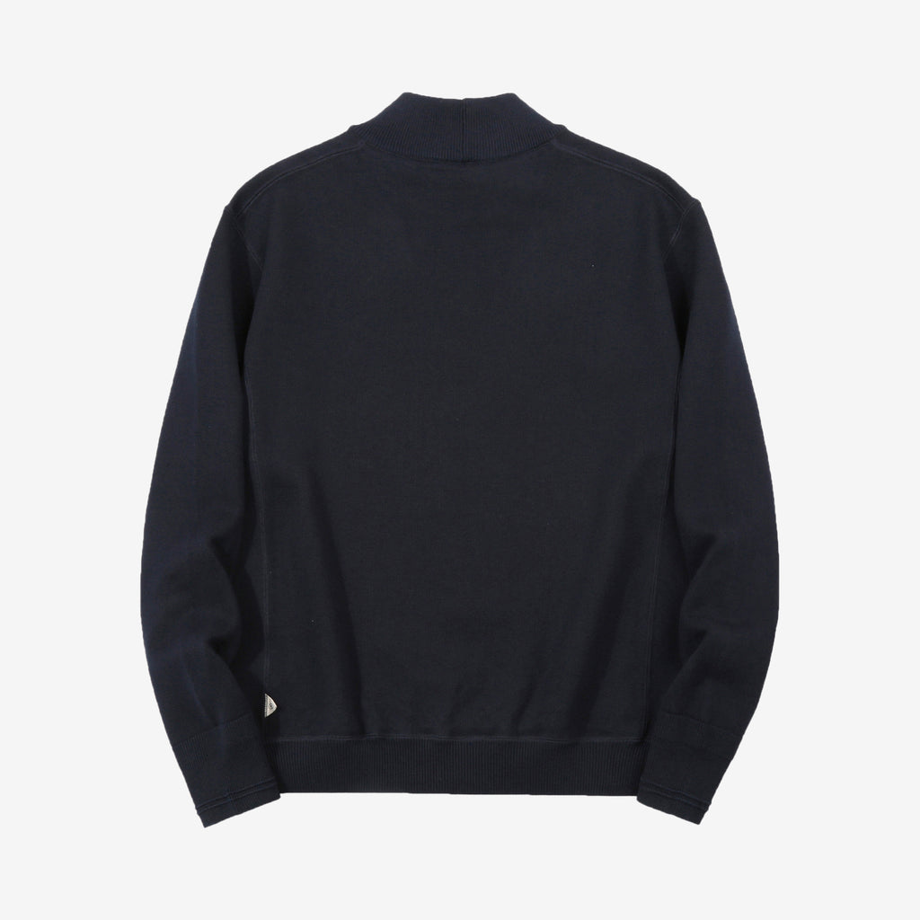 Un-Useless 170402 inlay knit mock neck sweatshirt made in Japan cotton knit navy back view