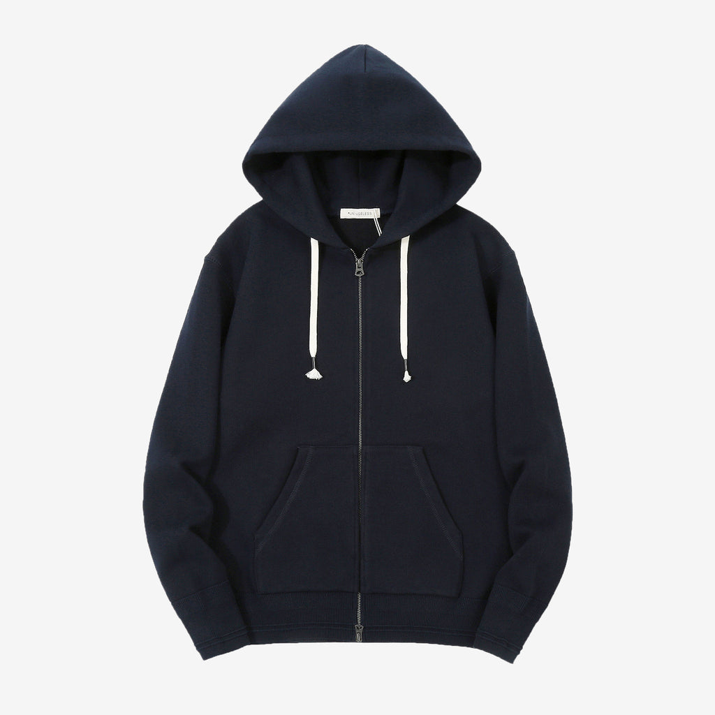 Un-Useless 170416 inlay knit full zip hoodie made in Japan SWKNIT zip hooded sweatshirt navy front view