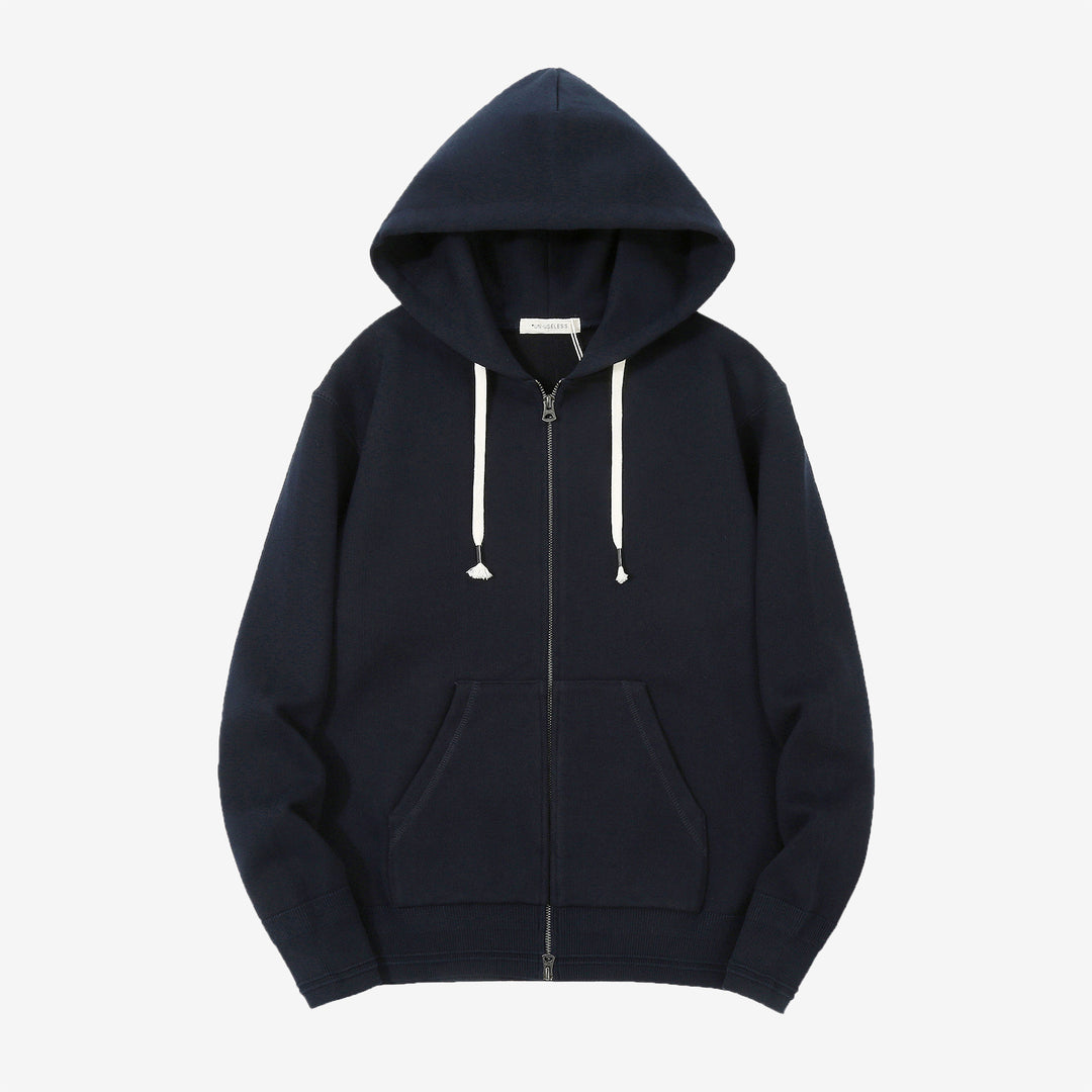 Un-Useless 170416 inlay knit full zip hoodie made in Japan SWKNIT zip hooded sweatshirt navy front view