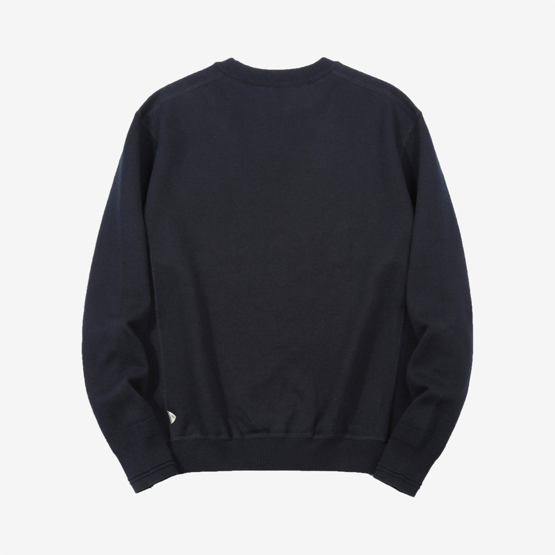 Un-Useless 170401 inlay knit crew neck sweatshirt made in Japan cotton knit navy back view
