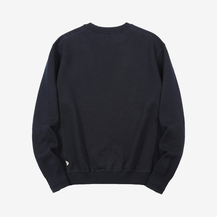 Un-Useless 170401 inlay knit crew neck sweatshirt made in Japan cotton knit navy back view