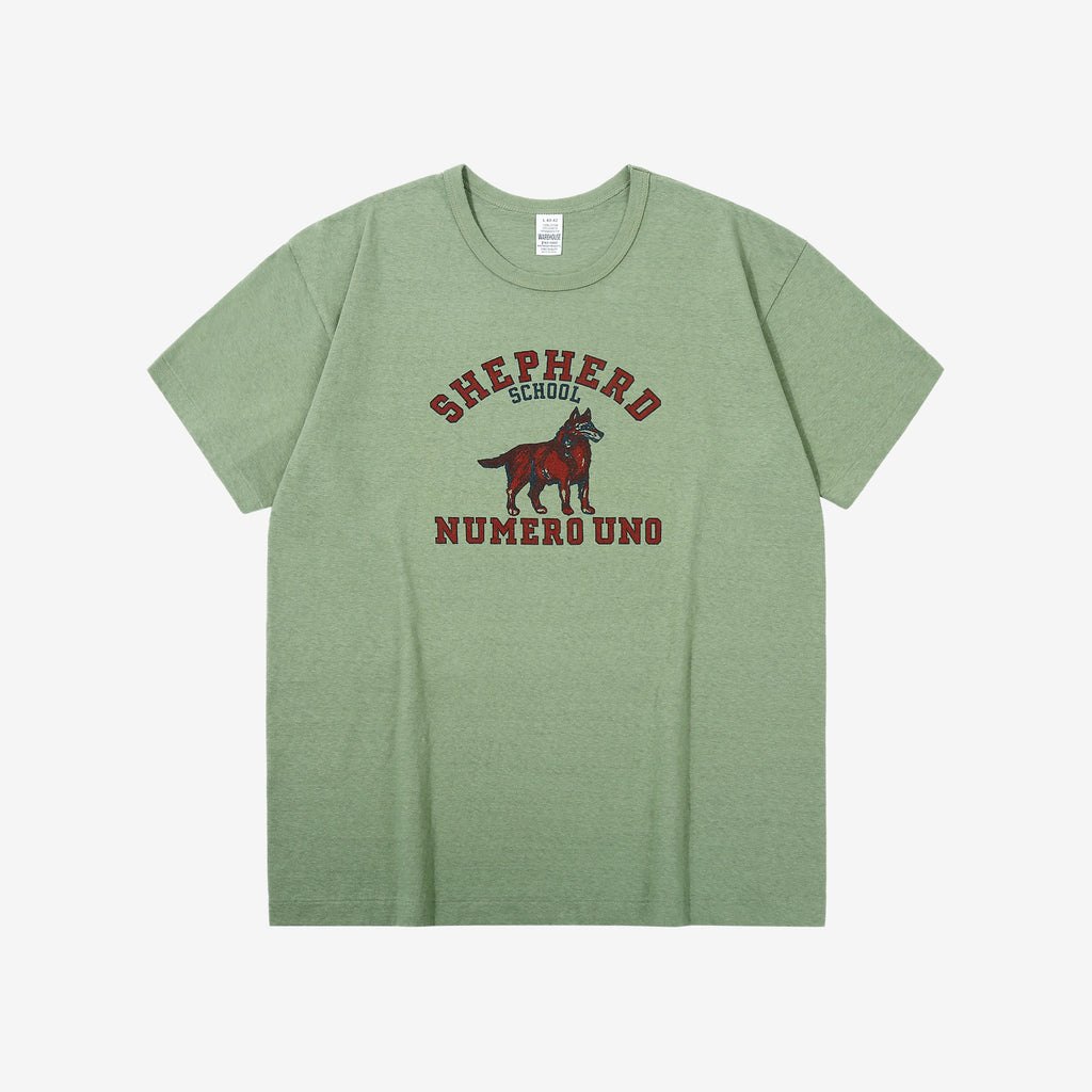 Warehouse 4064 2nd hand shepherd graphic T-shirt short sleeve vintage print made in Japan front view green