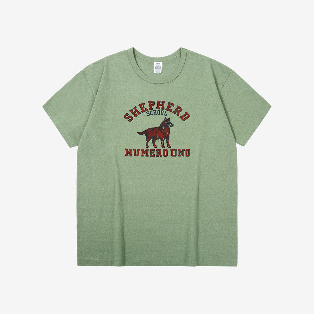 Warehouse 4064 2nd hand shepherd graphic T-shirt short sleeve vintage print made in Japan front view green