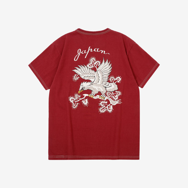 The Flat Head FN-THC-054SP eagle embroidery style print T-shirt light red back view