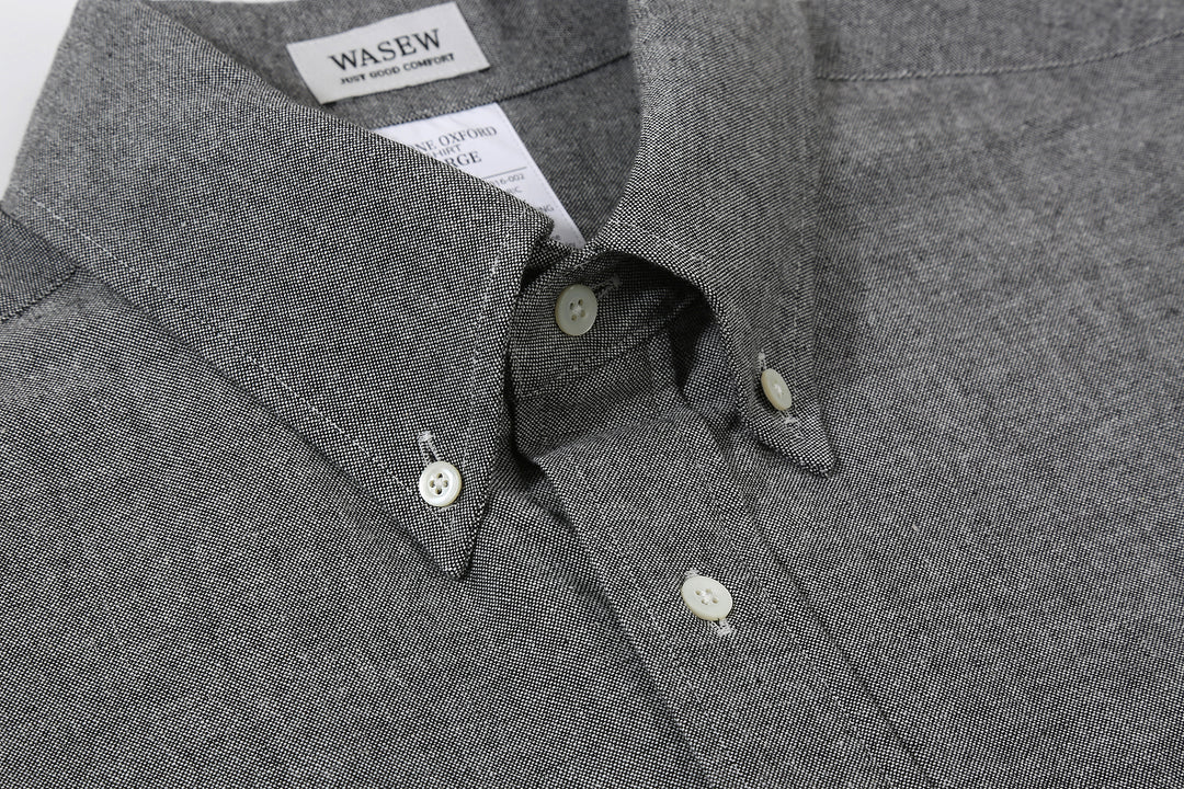 Wasew WSW-016 Schonherr loom button down oxford shirt made in Japan long sleeve cotton shirt collar close up